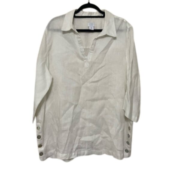 Sigrid Olsen EUC 100% linen split neck pop over top with mother of pearl buttons - Picture 1 of 5